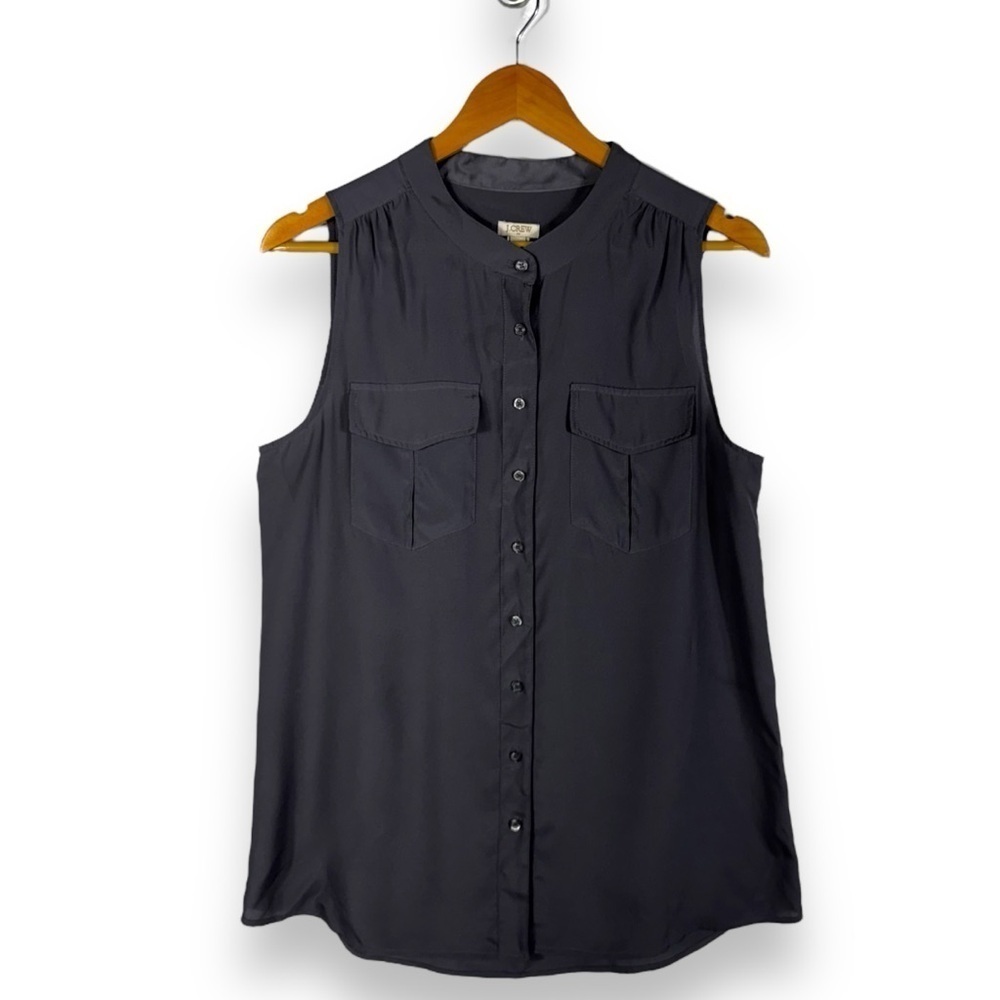 J Crew Factory Draped Placket Pocket Button Front Tank Top, Smoke Grey, Size 10